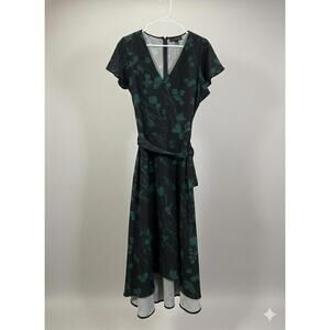 Lane Bryant Women's Black Green Floral Faux Wrap Dress Size 14 EUC